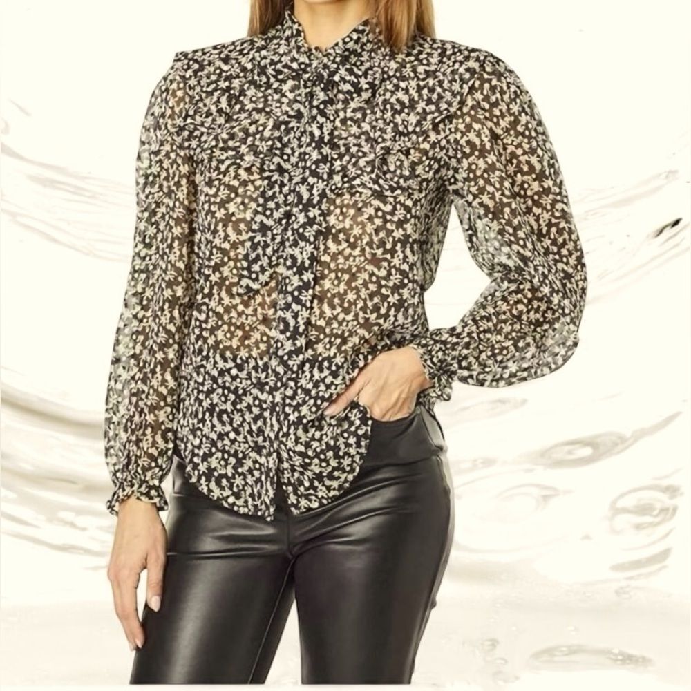 Bishop & Young women’s long sleeve tie neck sheer button up blouse NWT size S.